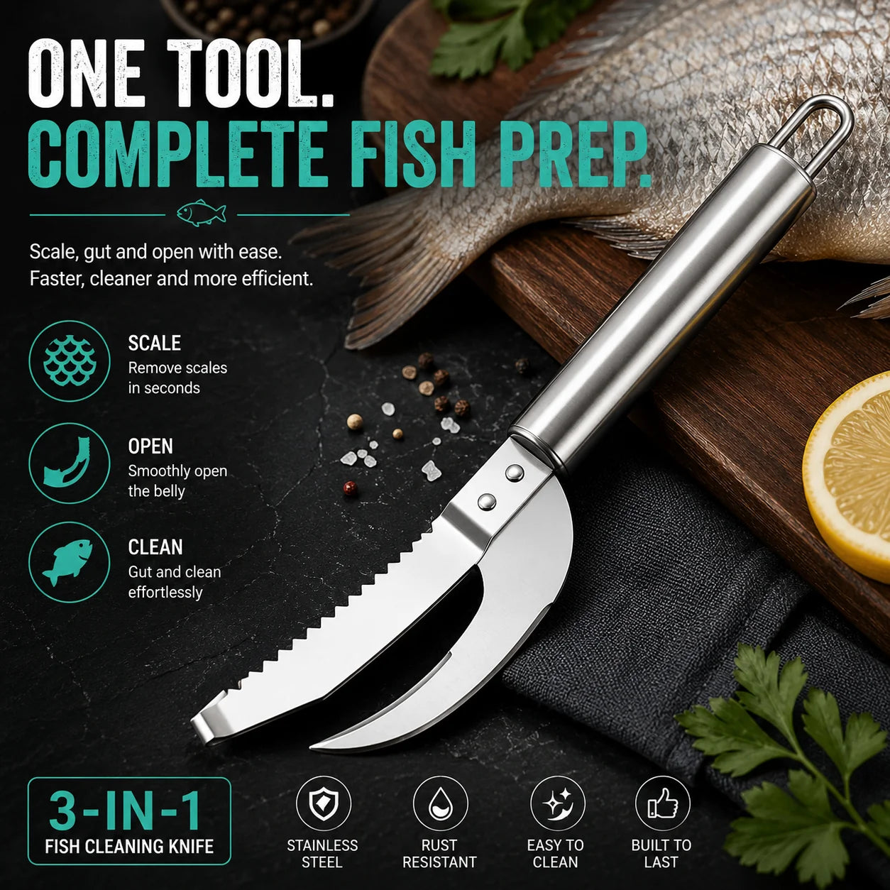 FishMate – Multi Function Fish Scaling & Gutting Tool