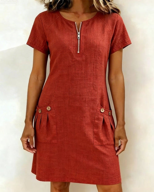 Zipper Pocket Cotton Linen Dress - Image 1