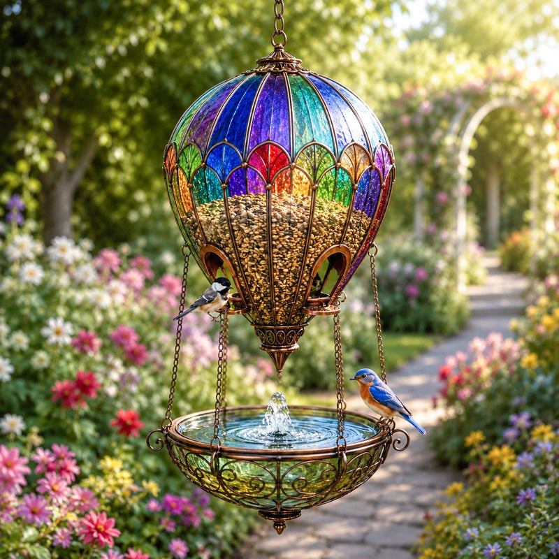AeroBloom – Colorful Hot Air Balloon Bird Feeder Fountain