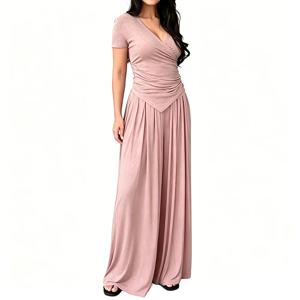 MaisonLuxe – Sophisticated Wrap Top & Wide Leg Pants Set