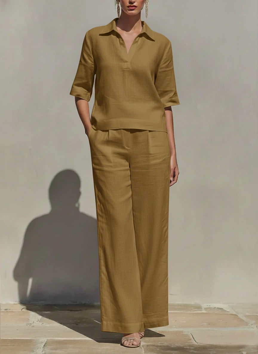 Women's Solid-color Cotton & Linen Set: V-neck Short-sleeve Loose-fit Top And High-waisted Wide-leg Pants