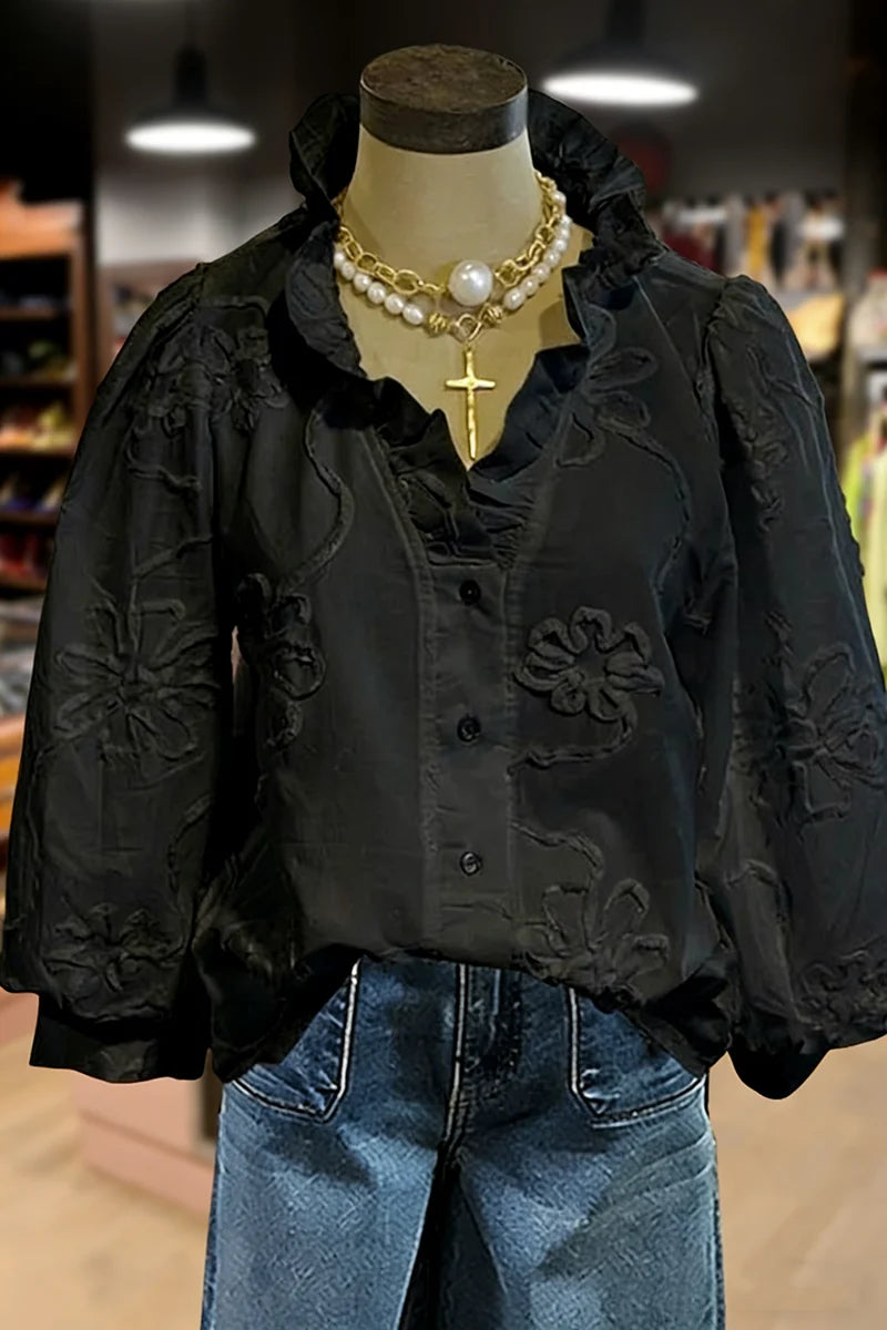 PetalCharm – Elegant Floral Embroidered Puff Sleeve Top
