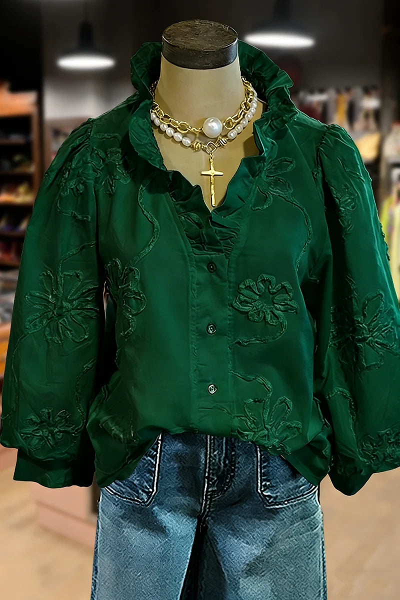 PetalCharm – Elegant Floral Embroidered Puff Sleeve Top