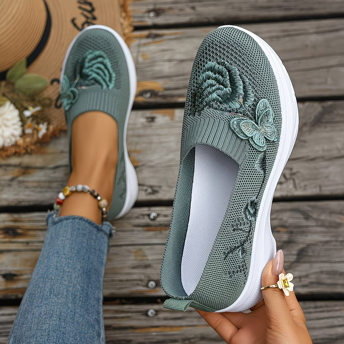 Women's Butterfly Embroidered Loafers - Green