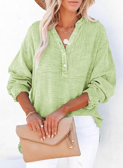 Limited time sale🔥Womens Casual Gauze Button Neck Long Sleeve Oversized BlousesTops