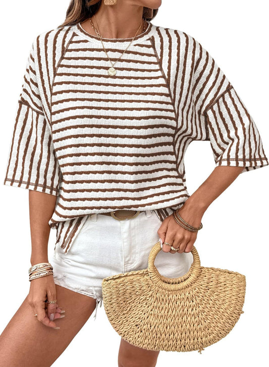 🔥New Arrival 50% OFF🔥Womens Summer Tops Oversized Tshirts for Women Striped Color Block Short Sleeve T Shirts Crewneck Casual Tee Blouses