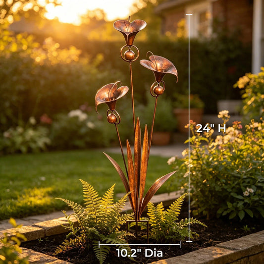 Flamed Copper Three Calla Lilies Garden Stake with Bells