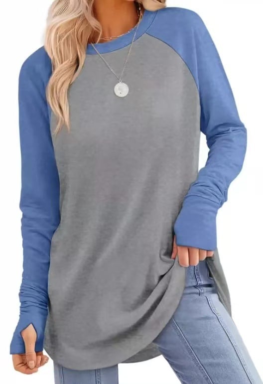 Womens Tunic Tops to Wear with Leggings Long Sleeve Thumb Hole Shirts Crew Neck Curved Hem