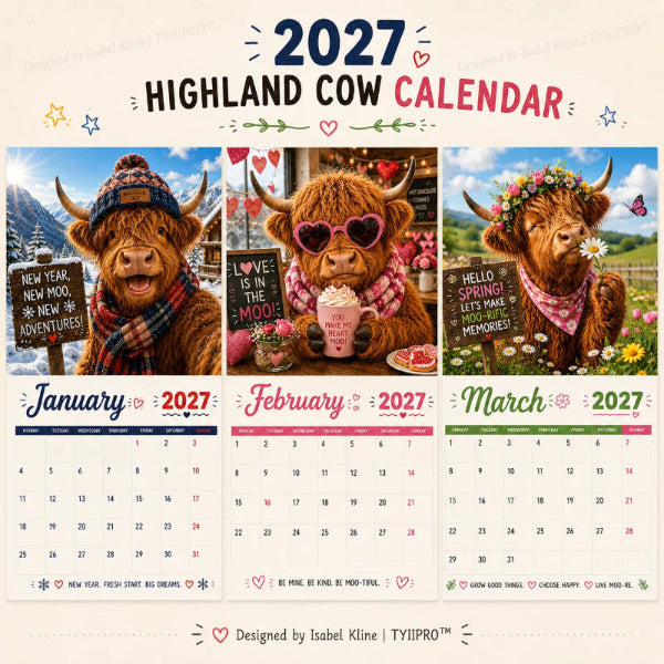 FarmCharm – Farmhouse Highland Cow A4 Wall Calendar