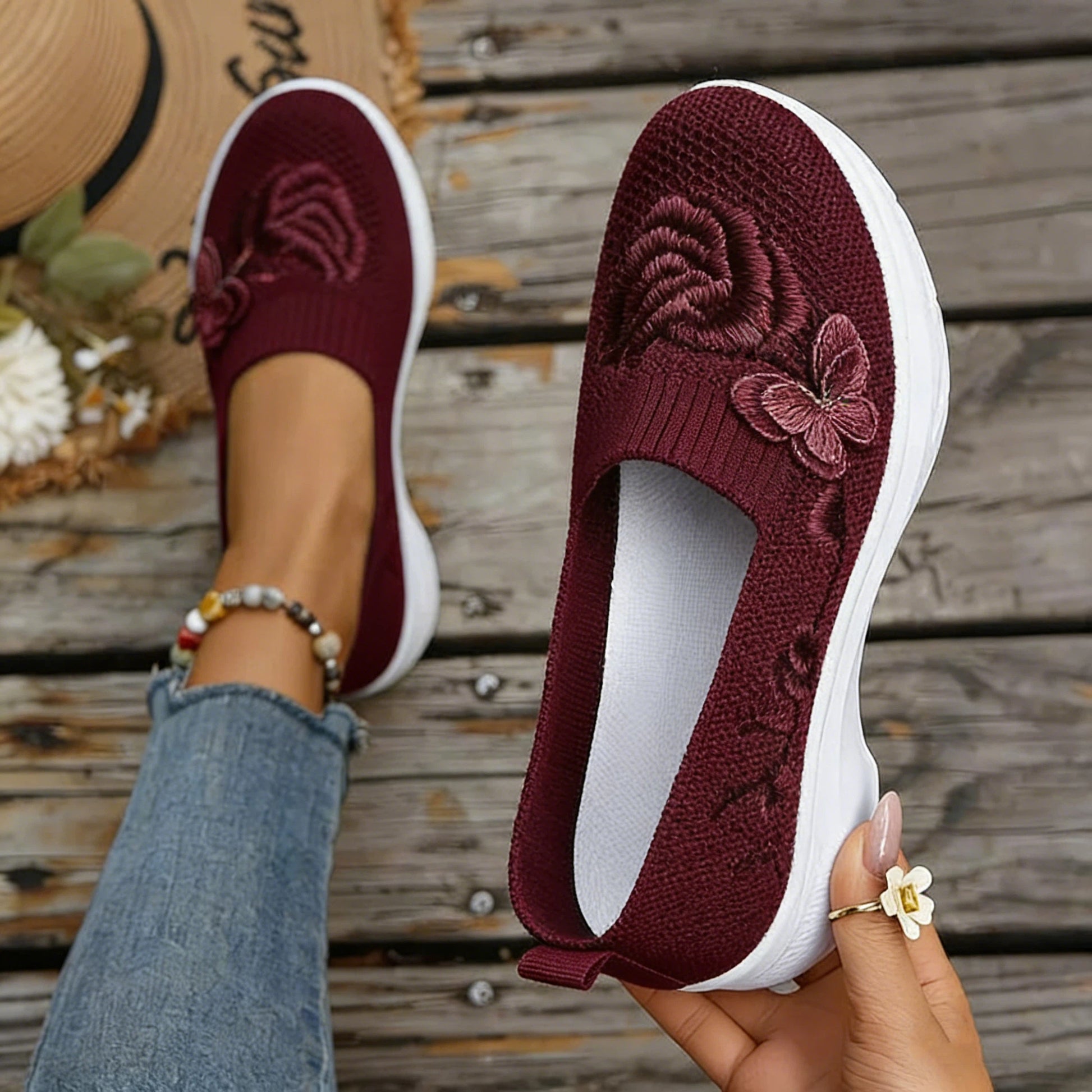 Women's Butterfly Embroidered Loafers - White