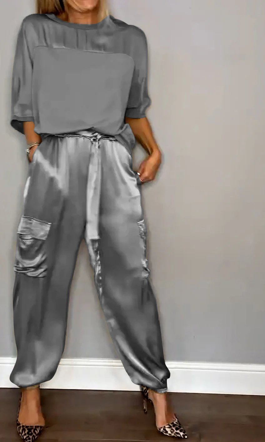 👗Smooth Satin Half-sleeved Top and Pants Set💝