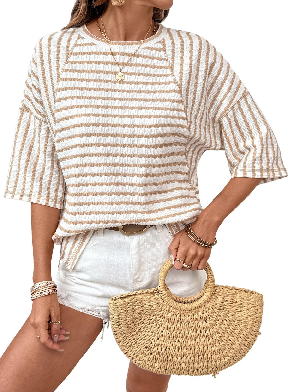 🔥New Arrival 50% OFF🔥Womens Summer Tops Oversized Tshirts for Women Striped Color Block Short Sleeve T Shirts Crewneck Casual Tee Blouses