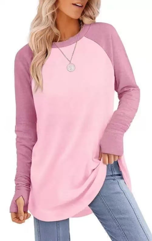 Womens Tunic Tops to Wear with Leggings Long Sleeve Thumb Hole Shirts Crew Neck Curved Hem