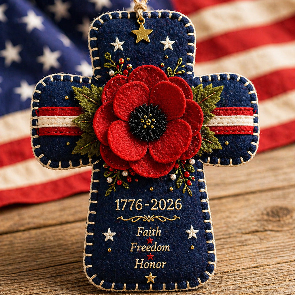 🇺🇸 1776–2026 Patriotic Poppy Cross Ornament – Faith Freedom Honor Embroidered Memorial Decor