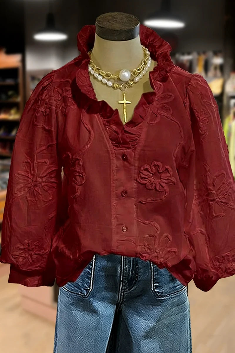 PetalCharm – Elegant Floral Embroidered Puff Sleeve Top
