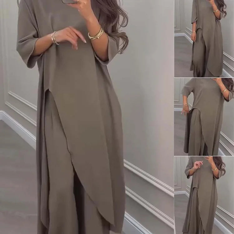Solid Color Irregular Top & Wide-Leg Pants 2-PCS Set