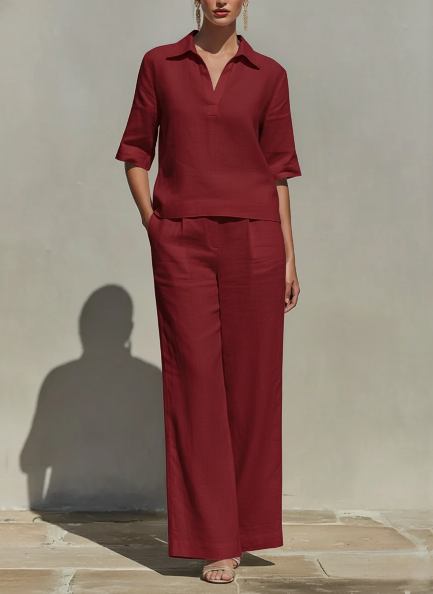 Women's Solid-color Cotton & Linen Set: V-neck Short-sleeve Loose-fit Top And High-waisted Wide-leg Pants