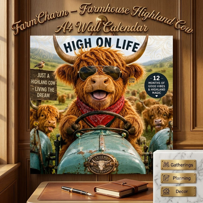 FarmCharm – Farmhouse Highland Cow A4 Wall Calendar