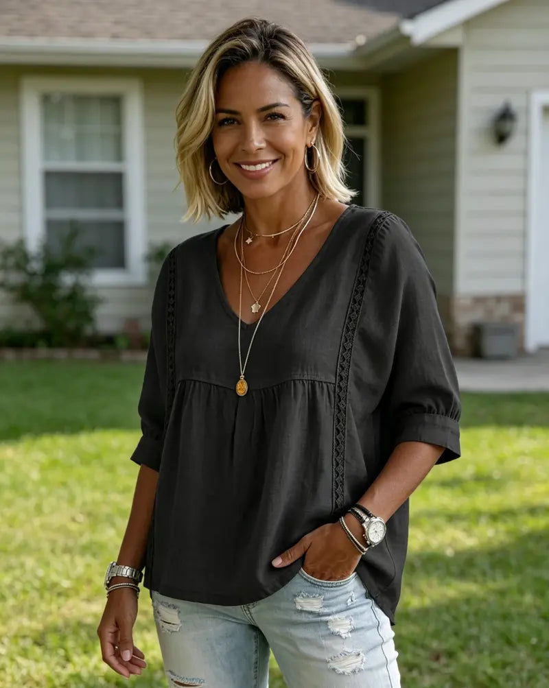 LaceVera – Women’s Chic Loose-Fit V-Neck Lace Blouse