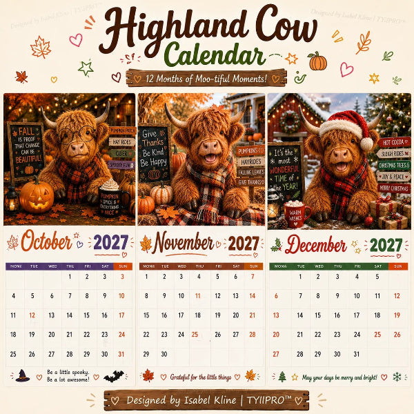 FarmCharm – Farmhouse Highland Cow A4 Wall Calendar