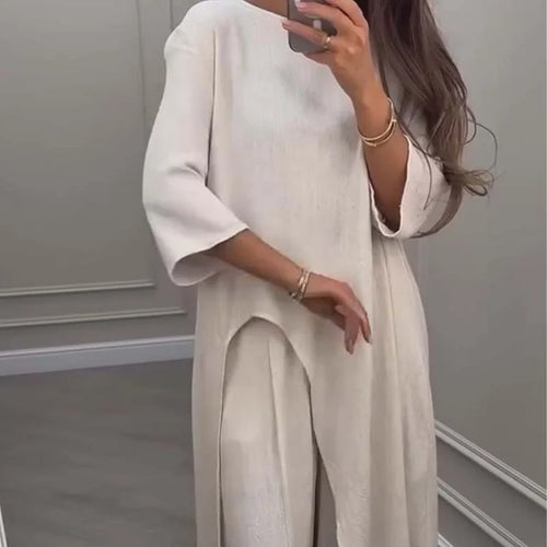 Solid Color Irregular Top & Wide-Leg Pants 2-PCS Set