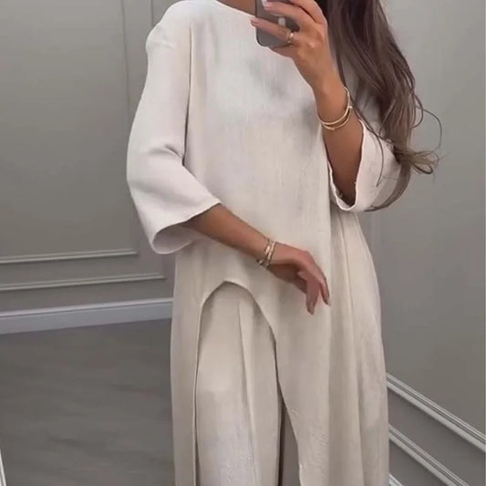 Solid Color Irregular Top & Wide-Leg Pants 2-PCS Set