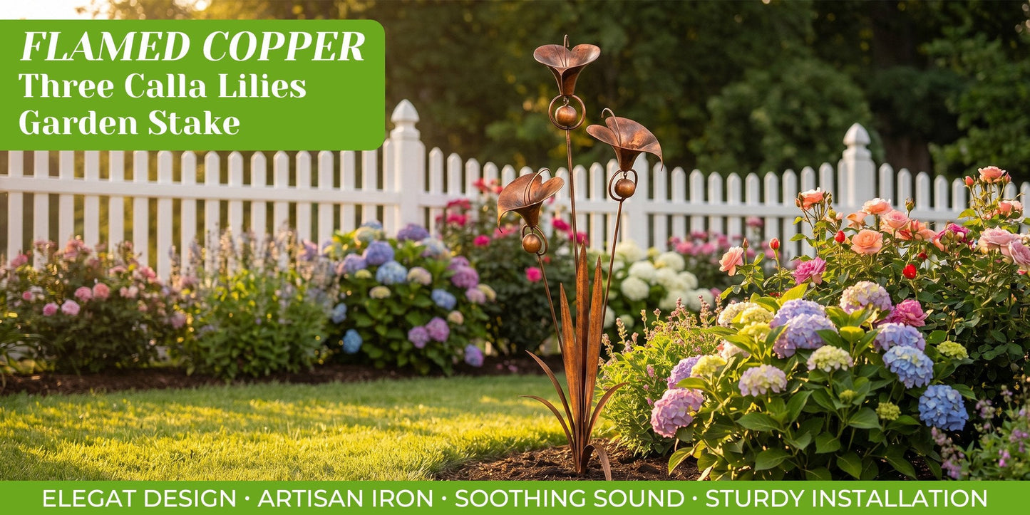 Flamed Copper Three Calla Lilies Garden Stake with Bells