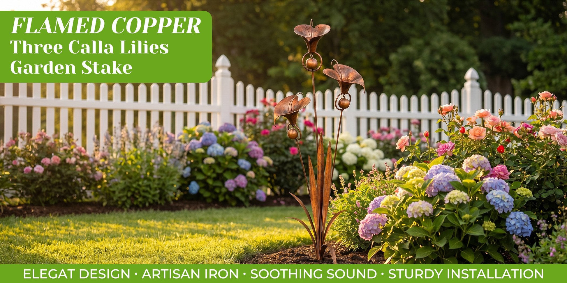 Flamed Copper Three Calla Lilies Garden Stake with Bells