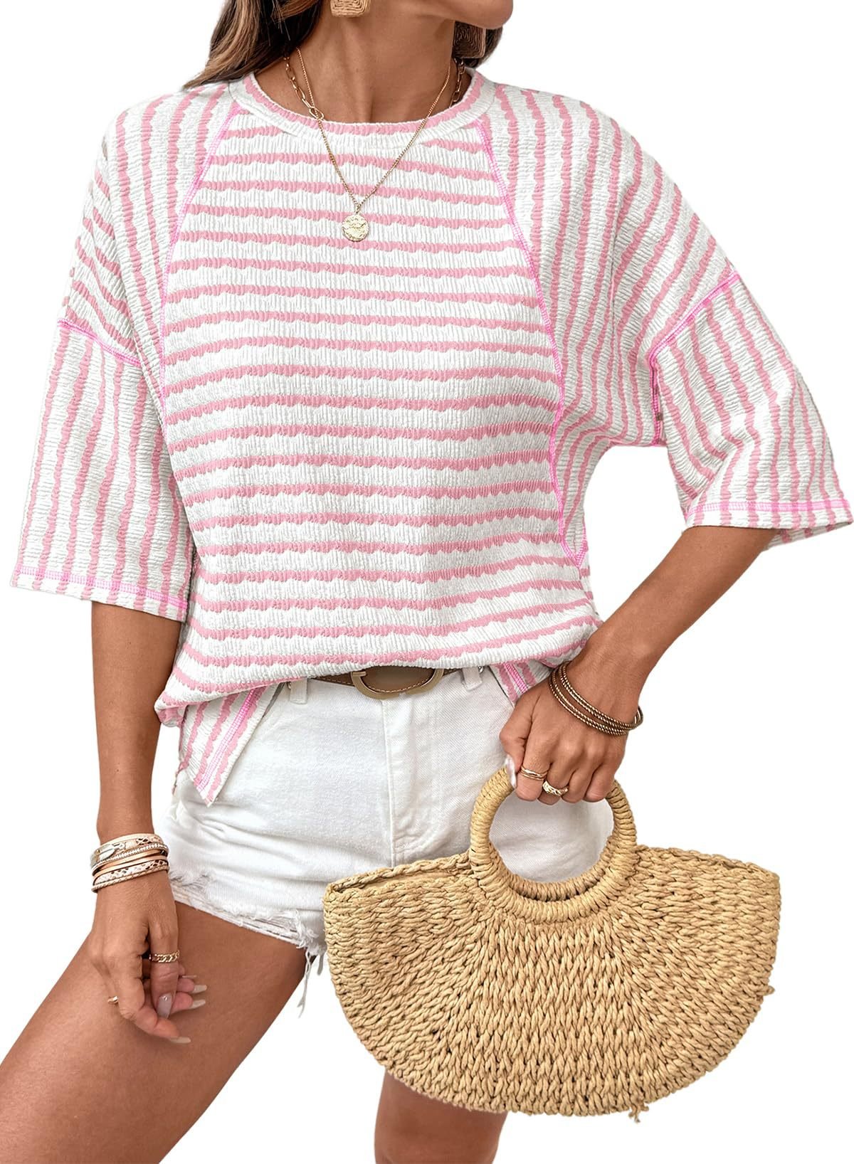 🔥New Arrival 50% OFF🔥Womens Summer Tops Oversized Tshirts for Women Striped Color Block Short Sleeve T Shirts Crewneck Casual Tee Blouses