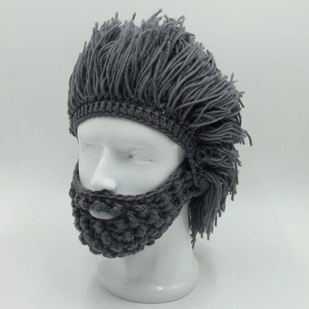 Acrylic Punk Style Beanie with Attached Straight Hair Wig and Knitted Beard