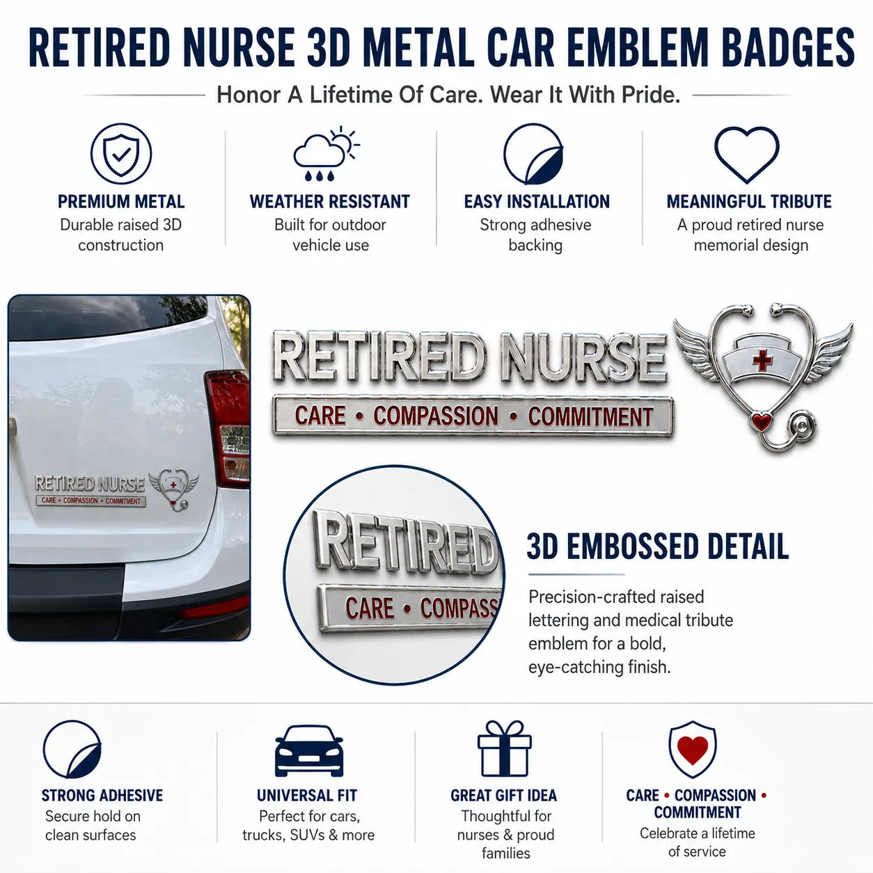 HonorRide – Retired Nurse Tribute Metal Car Emblem