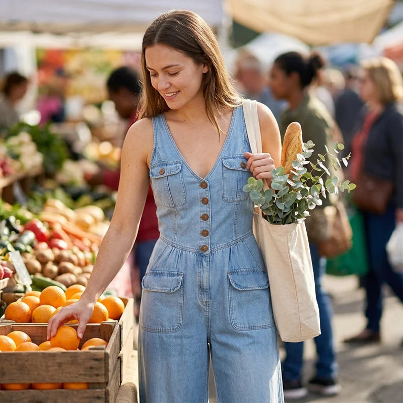 MarinaLuxe - Sleeveless Wide-Leg Denim Jumpsuit