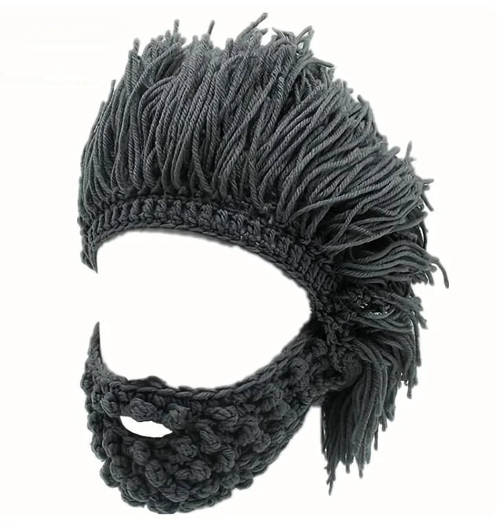 Acrylic Punk Style Beanie with Attached Straight Hair Wig and Knitted Beard