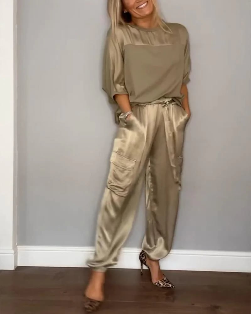 👗Smooth Satin Half-sleeved Top and Pants Set💝