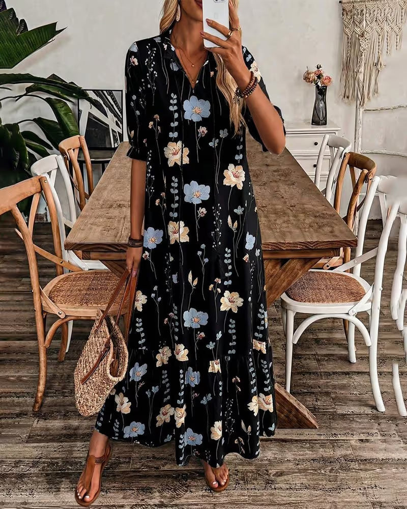 FleurVogue – Women's Printed Lapel Maxi Dress