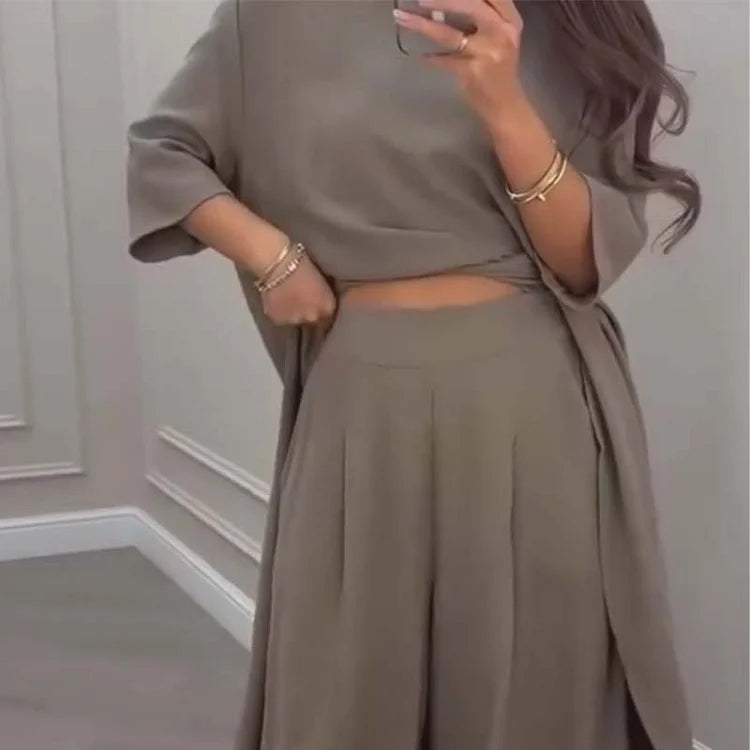 Solid Color Irregular Top & Wide-Leg Pants 2-PCS Set