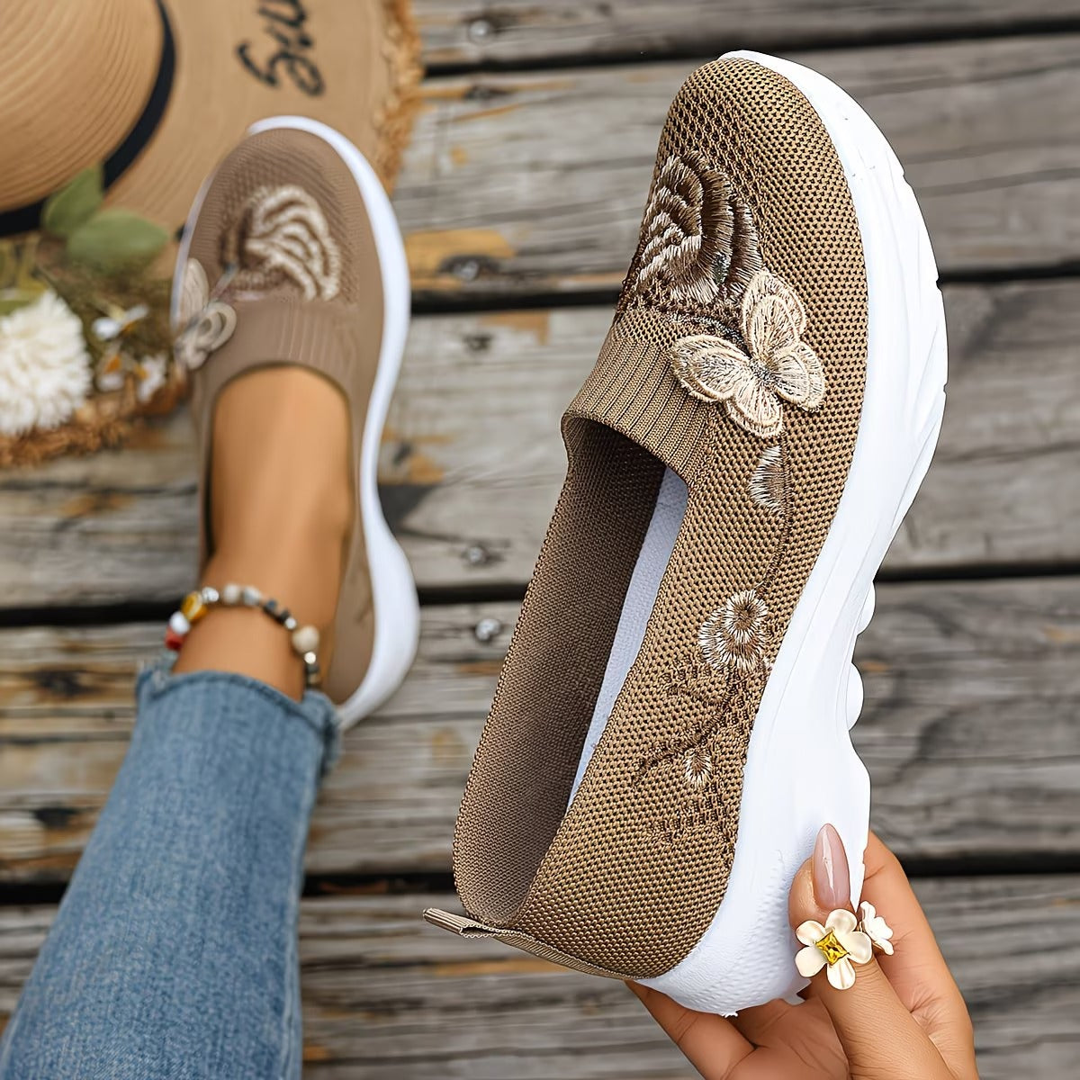 Women's Butterfly Embroidered Loafers - Brown
