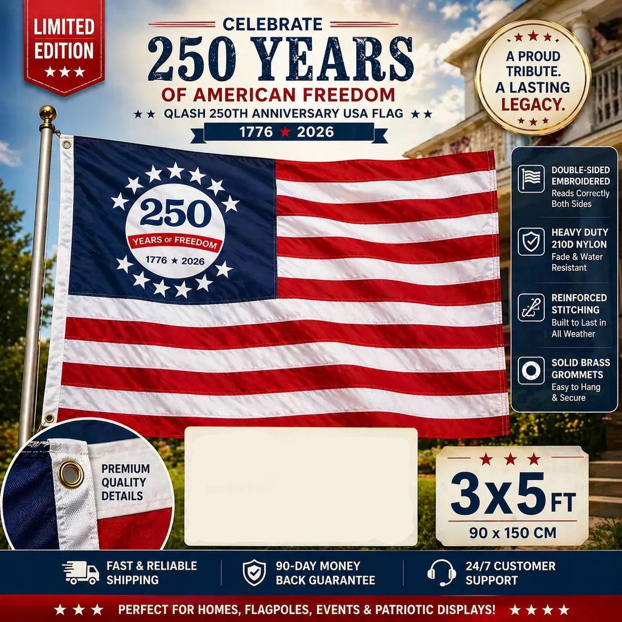 Last Day 49% OFF🔥250th Anniversary USA Commemorative Flag (3x5 Ft),Double-Sided Embroidered