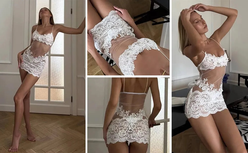VelvetMoon – Feminine Lace & Mesh Sleepwear Set