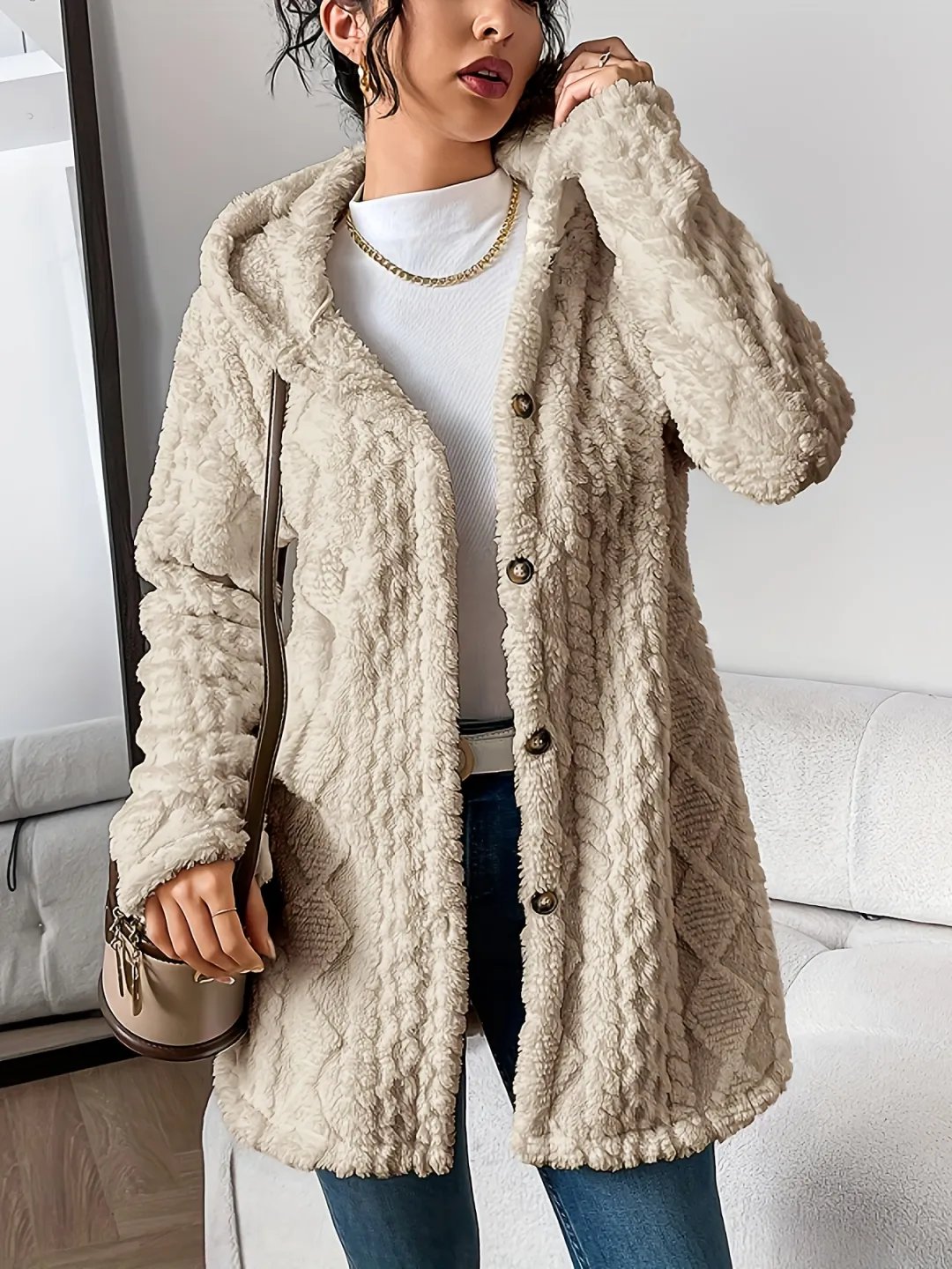 ⏰Hot Sale-Womens Fuzzy Fleece Button Down Jacket Hooded Open Front Cardigan Sweater(BUY 2 FREE SHIPPING)
