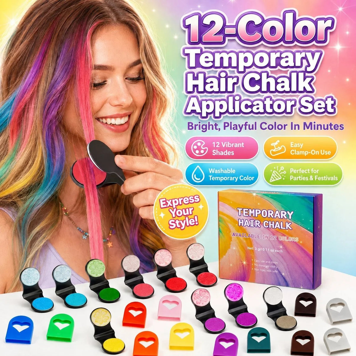 ColorRush – 12-Color Temporary Hair Chalk Applicator Set