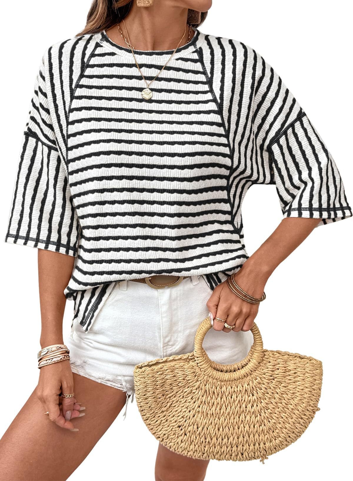 🔥New Arrival 50% OFF🔥Womens Summer Tops Oversized Tshirts for Women Striped Color Block Short Sleeve T Shirts Crewneck Casual Tee Blouses
