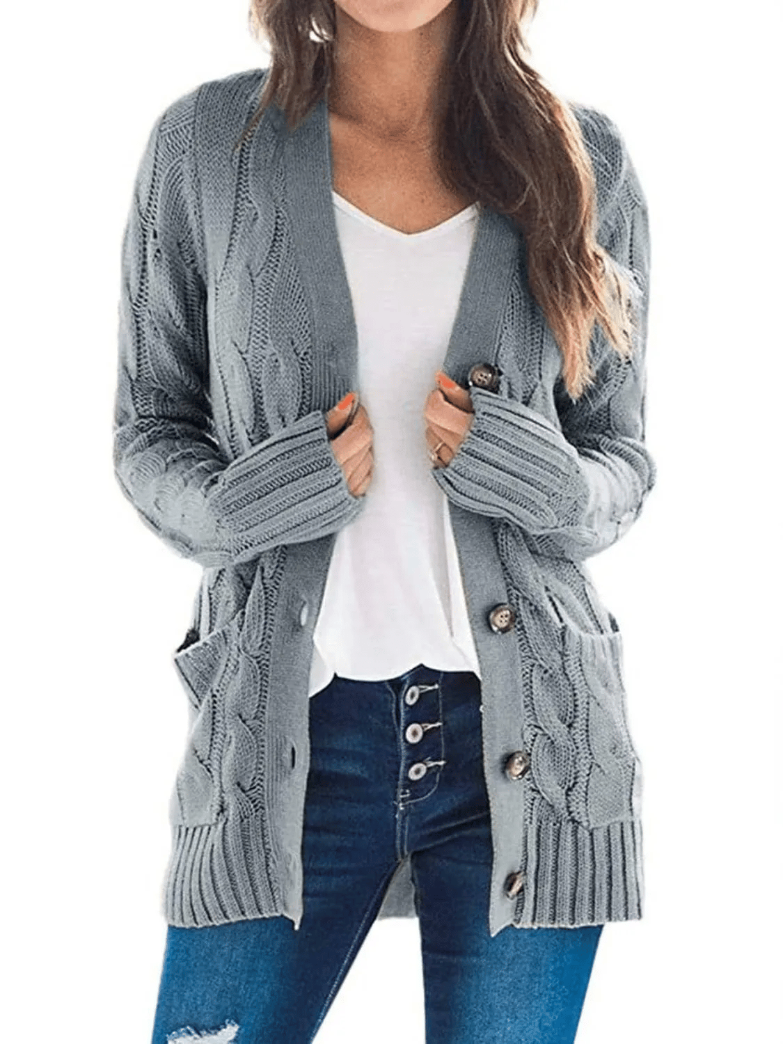 Women's Fall Casual Long Sleeve Button Down Open Front Cable Knit Cardigan