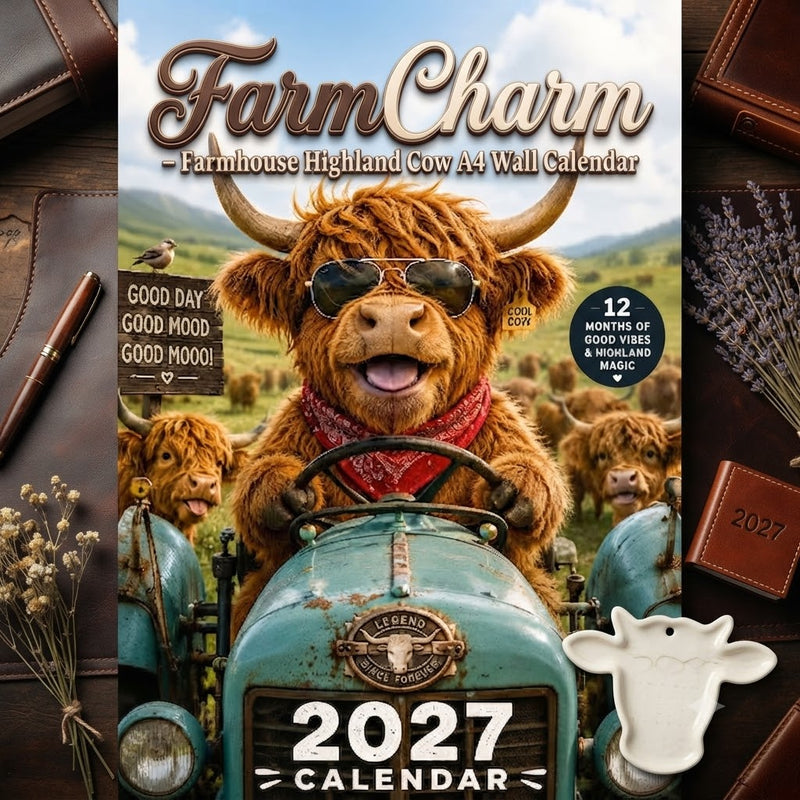 FarmCharm – Farmhouse Highland Cow A4 Wall Calendar