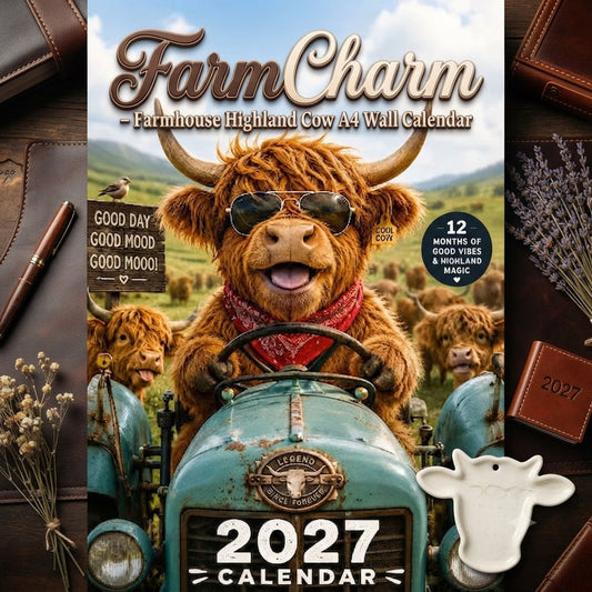 FarmCharm – Farmhouse Highland Cow A4 Wall Calendar