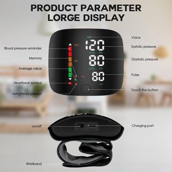 Wrist Blood Pressure Monitor – LED Display, Adjustable, Health Tracking