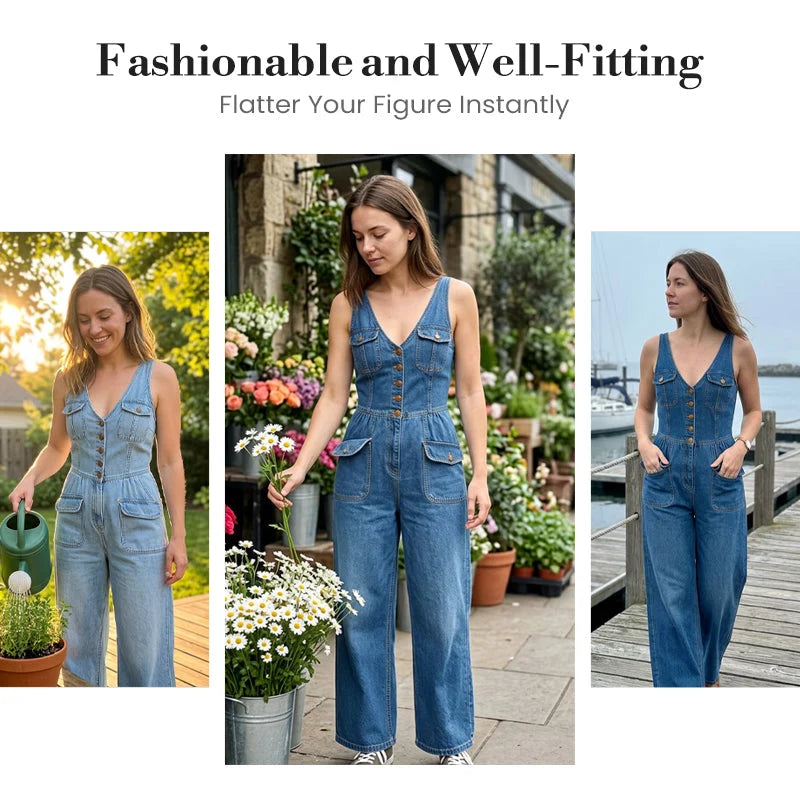 MarinaLuxe - Sleeveless Wide-Leg Denim Jumpsuit