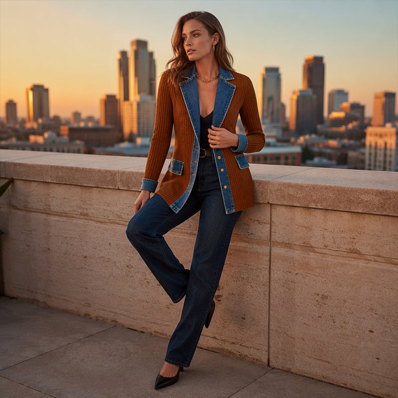DenimAura – Refined Women's Ribbed Detail Denim Coat