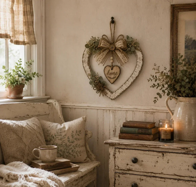 HearthBloom – Rustic Farmhouse Home Heart Wreath