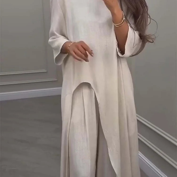 Solid Color Irregular Top & Wide-Leg Pants 2-PCS Set